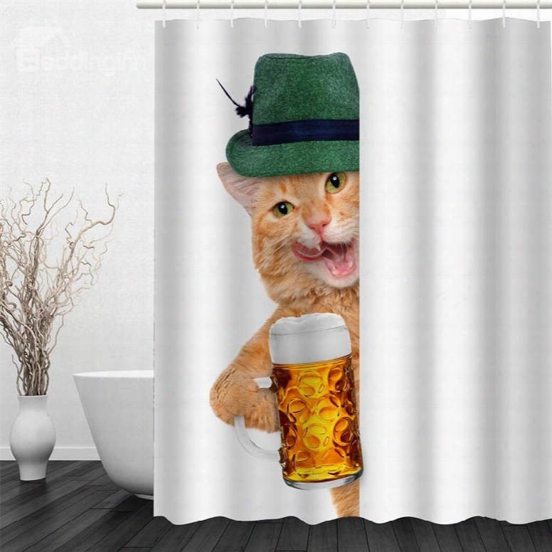 3d Cat In Cap And Beer Polyester Waterproof Antibacterial And Eco-friendly Shower Curtain