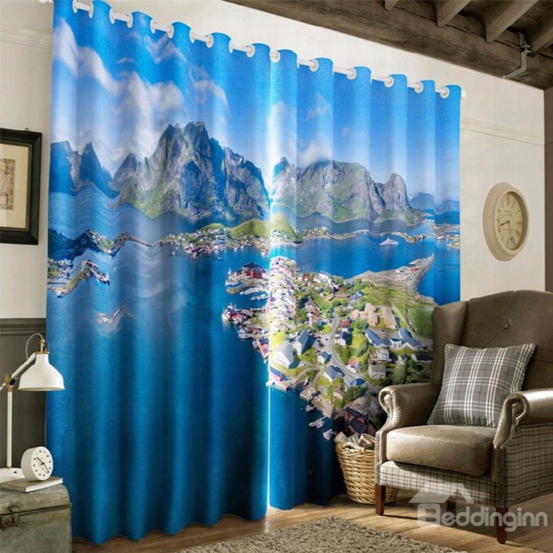 3d City On Island And Blue Seas Printed Natural Scenery 2 Panels Decorative Curtain