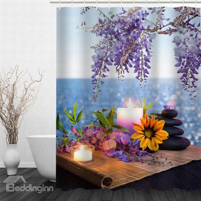 3d Diverse Flowers Candles And Lake Pattern Polyester Waterproof And Eco-friendly Shower Curtain