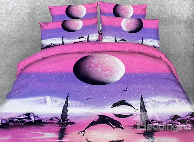 3d Dolphin And Rising Moon Printed 4-piece Pink Bedding Sets/duvet Covers