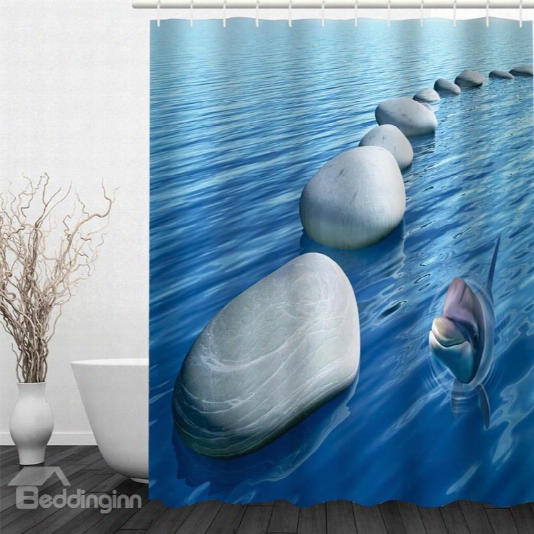 3d Dolphin And Stones In Blue Sea Pattern Polyester Waterproof Eco-friendly Shower Curtain