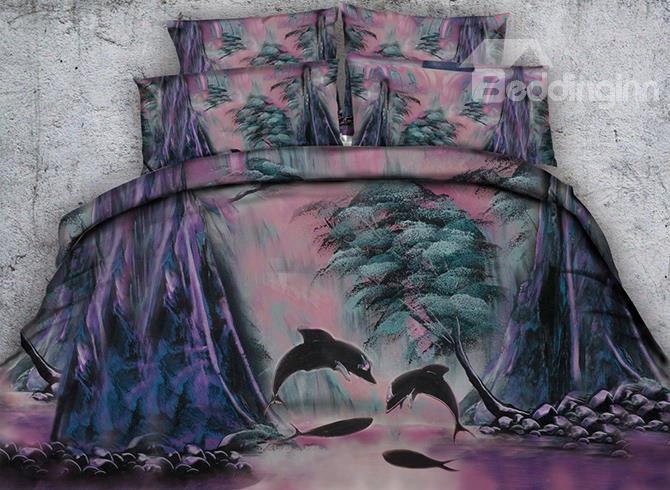 3d Dolphin Bay Printed Cotton 4-piece Bedding Sets/duvet Covers