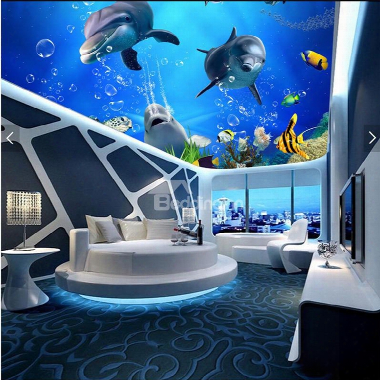 3d Dolphins Swimming In Sea Waterproof Durable And Eco-friendly Ceiling Murals