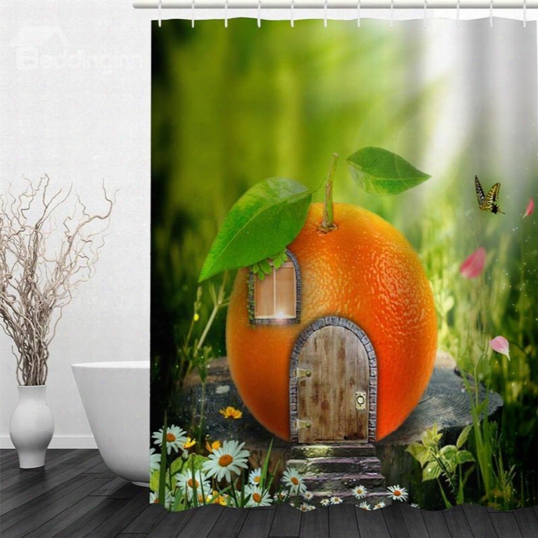 3d Door Window On Orange Polyester Waterproof Antibacterial And Eco-friendly Shower Curtain