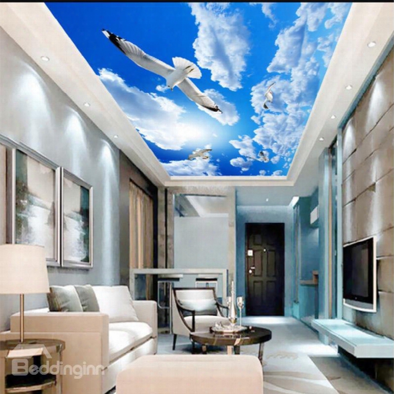 3d Doves In Blue Sky Pattern Waterproof Durable And Eco-friendly Ceiling Murals