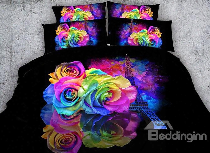 3d Eiffel Tower And Roses Printed Cotton 4-piece Black Bedding Sets/duvet Covers