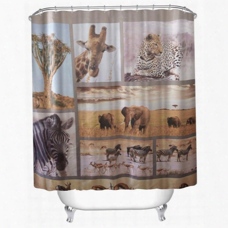 3d Elephants Zebras Leopards And Giraffes Polyester Waterproof Antibacterial And Eco-friendly Shower Curtain