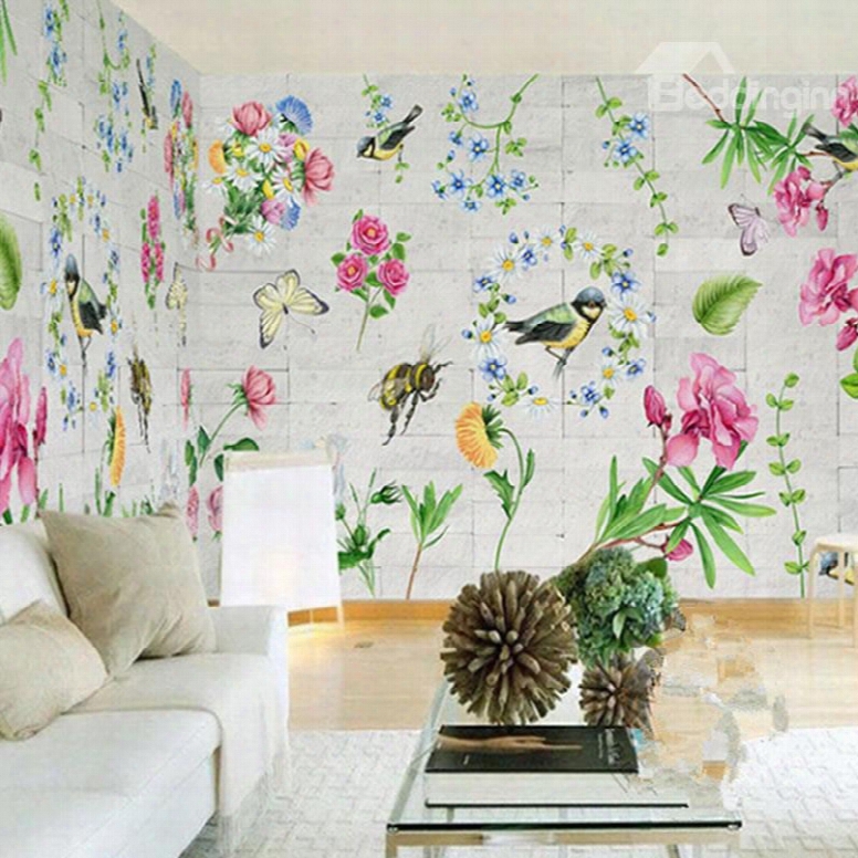 3d Flowers Printed Pvc Sturdy Waterproof Eco-friendly Self-adh Esive Wall Mural
