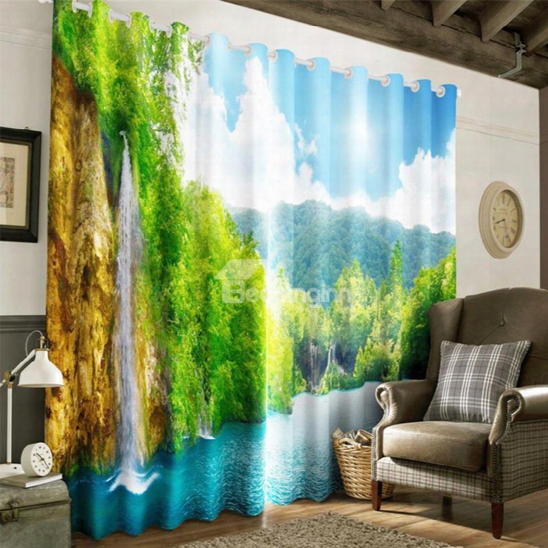 3d Forests And Mountains With Lake Printed Decorative And Heat Insulation Grommet Top Curtain