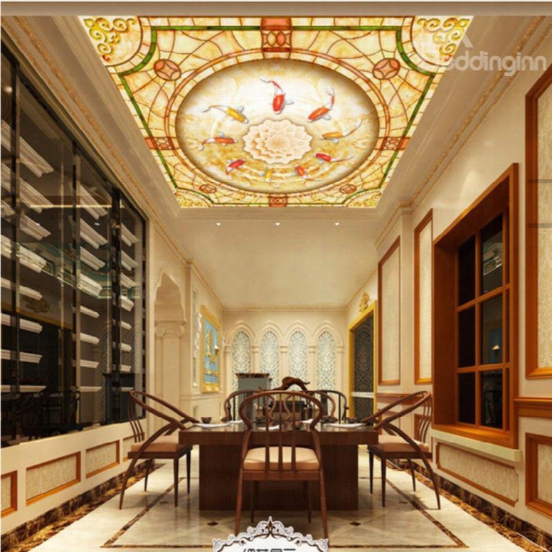 3d Golden Background And Fishes Surrounding Flower Pattern Waterproof Durable Eco-friendly Ceiling Murals