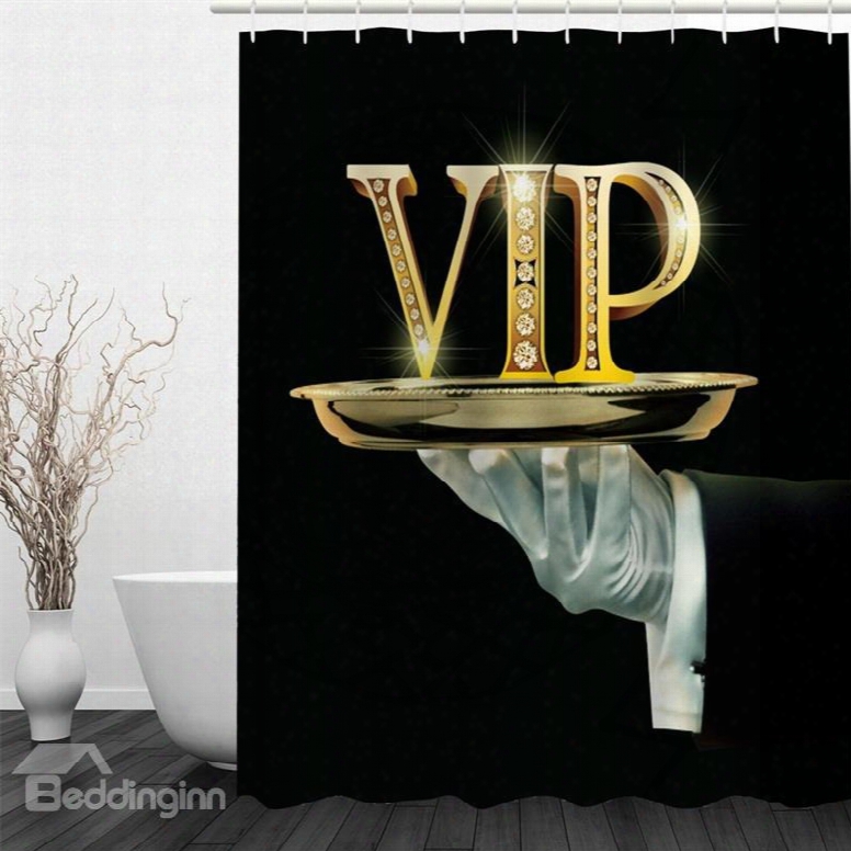 3d Golden Vip Pattern Polyester Waterporof Antibacterial And Eco-friedly Black Shower Curtain