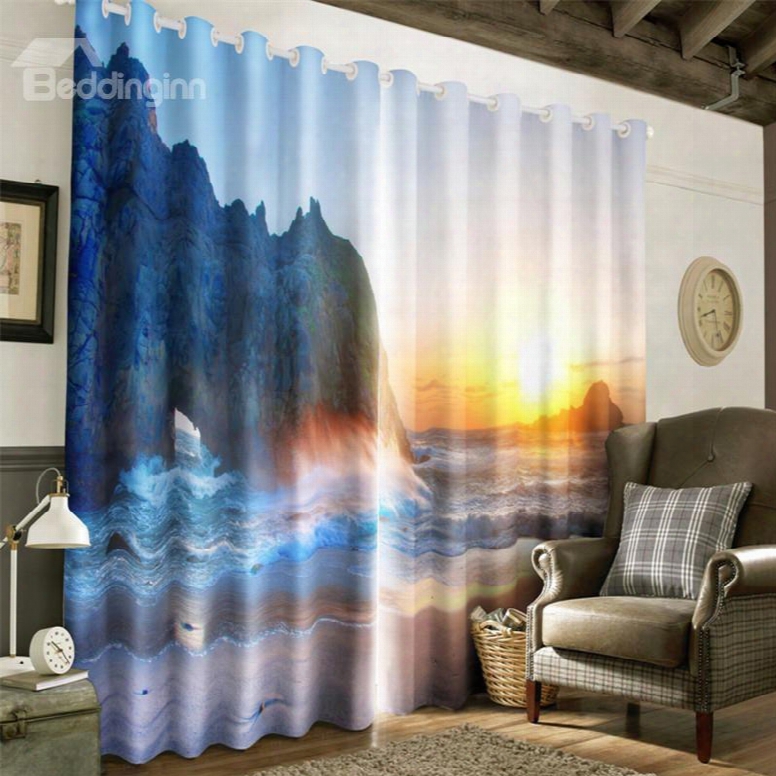 3d Great Mountains And Surging Waves Printed Living Room Decorative Curtain