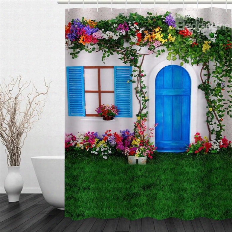 3d Green Lawn Flowers House Polyester Waterproof  Antibacterial And Eco-friendly Shower Curtain