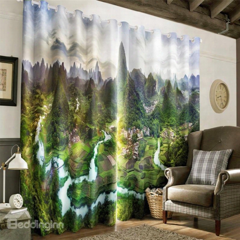 3d Green Mountains With Winding River And Small Villages Printed Pastoral Style Grommet Top Curtain