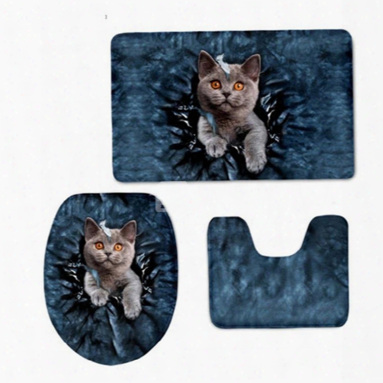 3d Grey Cat Pattwrn Flannel Pvc Soft Water-abbsorption And Anti-slid Toilet Seat Coovers