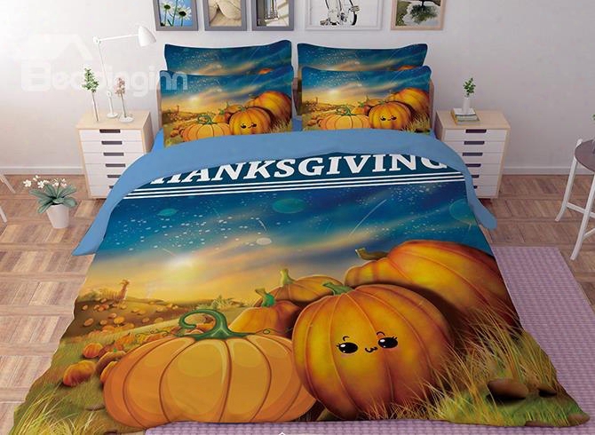 3d Happy Thanksgiving Day Pumpkin Printed Polyester 4-piece Bedding Sets/duvet Covers