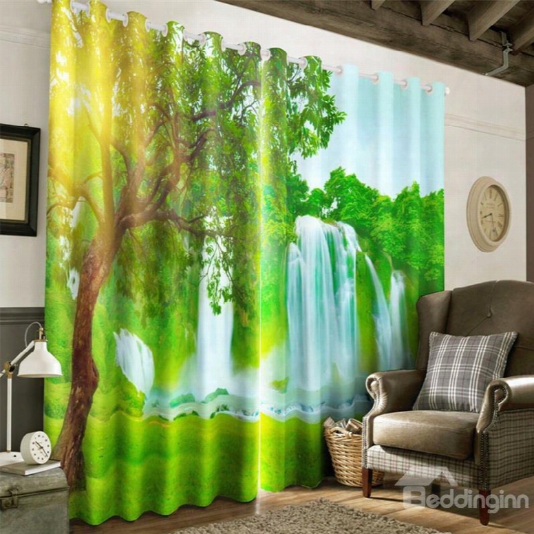 3d Lush Green Leaves And Waterfalls Printed Two Panels Living Room And Bedroom Curtain
