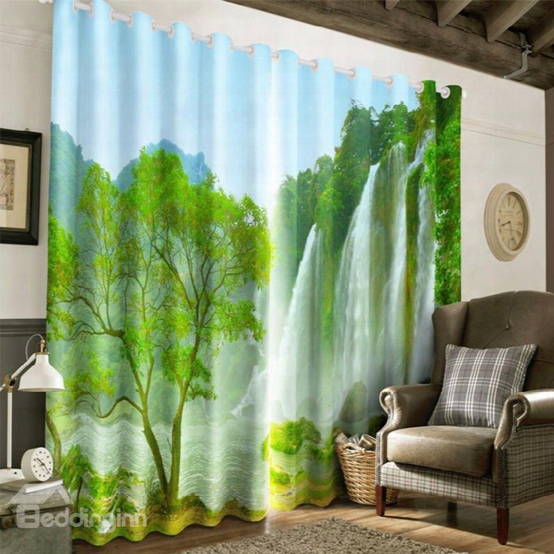 3d Lush Mountains And Limpid Waterfalls Printed Natural Beauty 2 Panels Grommet Top Curtain