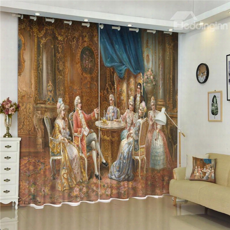 3d Luxury French Court Party Printed 2 Panels Decorative Custom Living Room Curtain