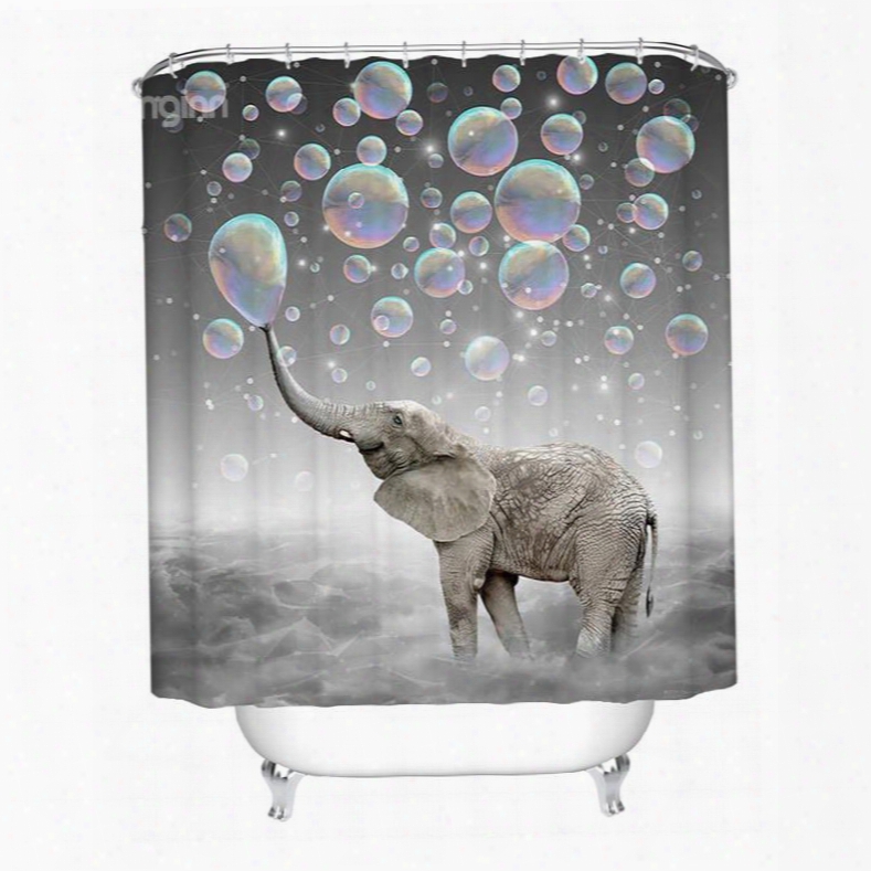 3d Mouldproof Bubble And Elephant Printed Polyester Gray Bath Room Shower Curtain