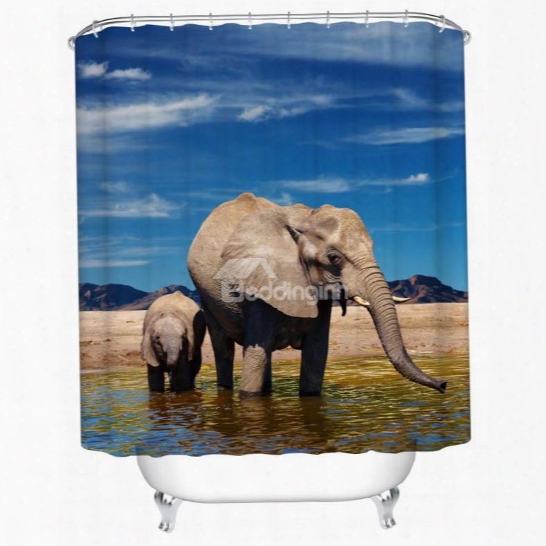 3d Mouldproof Elephant Father And Son Printed Polyester Bathroom Shower Curtain