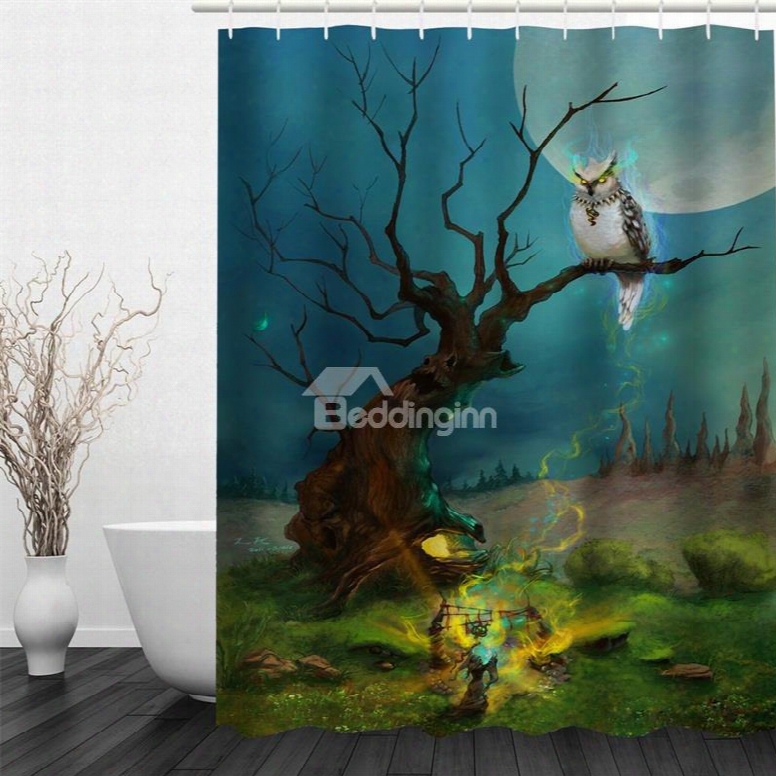 3dowl On Tree In Moon Sky Polyester Waterproof And Eco-friendly Shower Curtain