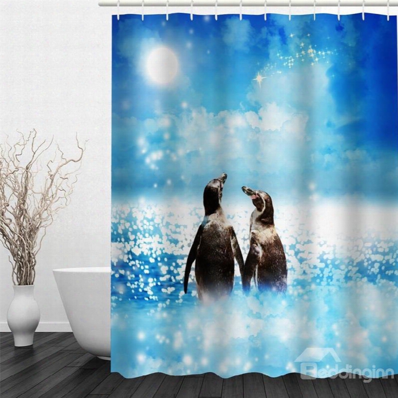 3d Penguins In Shining Sea Polyester Waterproof Antibacterial And Eco-friendly Shower Curtain