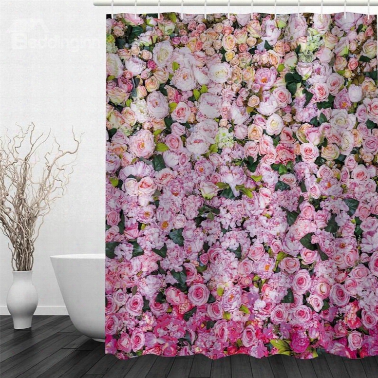 3d Pink And Yellow Flowers Printed Polyester Waterproof Antibacterial And Eco-friendly Shower Curtain