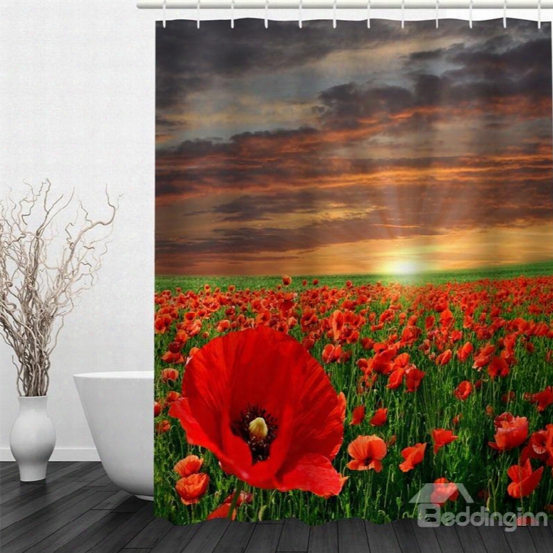 3d Red Flowers Field Printed Polyester Waterproof Antibacterial And Eco-friendly Shower Curtain