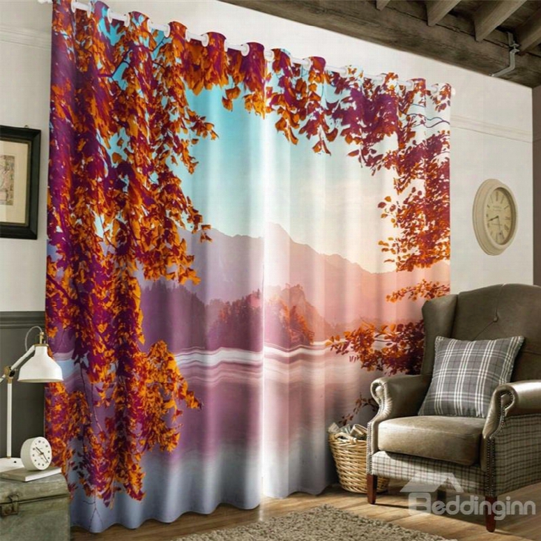 3d Red Maple Leaves Nd Peaceful Lake Printed Winter Scenery Living Room Window Draps