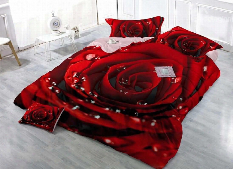 3d Red Rose Digital Printing Cotton 4-piece Bedding Sets/duvet Covers