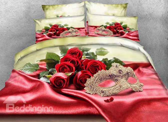 3d Red Roses And Golden Mask Digital Printing 5-piece Comforter Sets