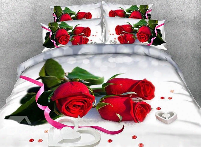 3d Red Roses And Ribbon Printed Cotton 4-piece White Bedding Sets/duvet Covers