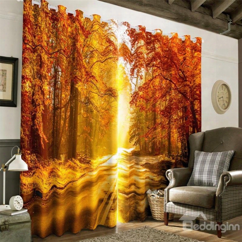 3d Red Trees Forest And Small Road With Soft Sunlight Printed Decorative And Blackout Curtain