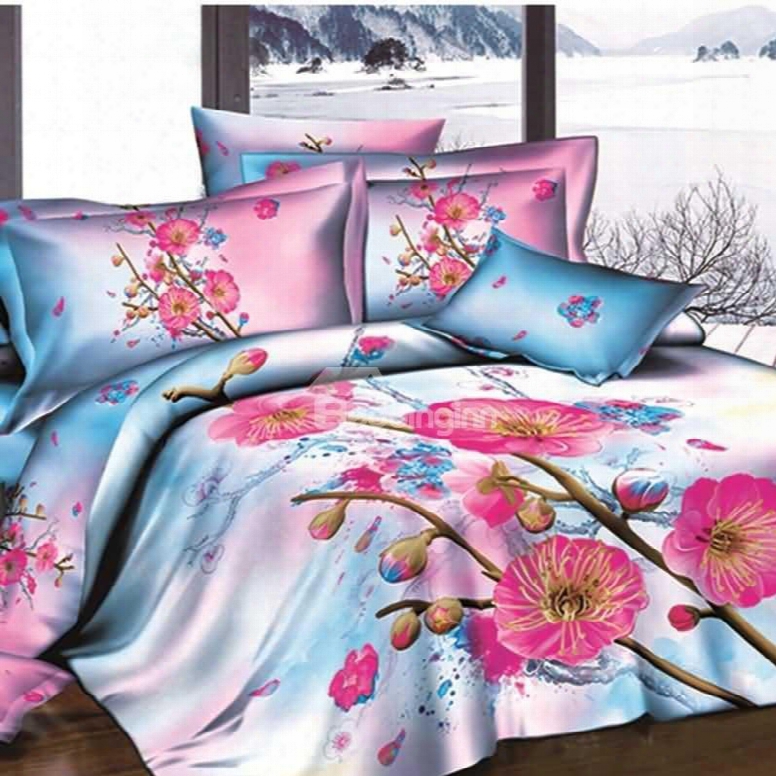 3d Rosy Plum Blossom Printed Cotton 2-piece Pillow Cases