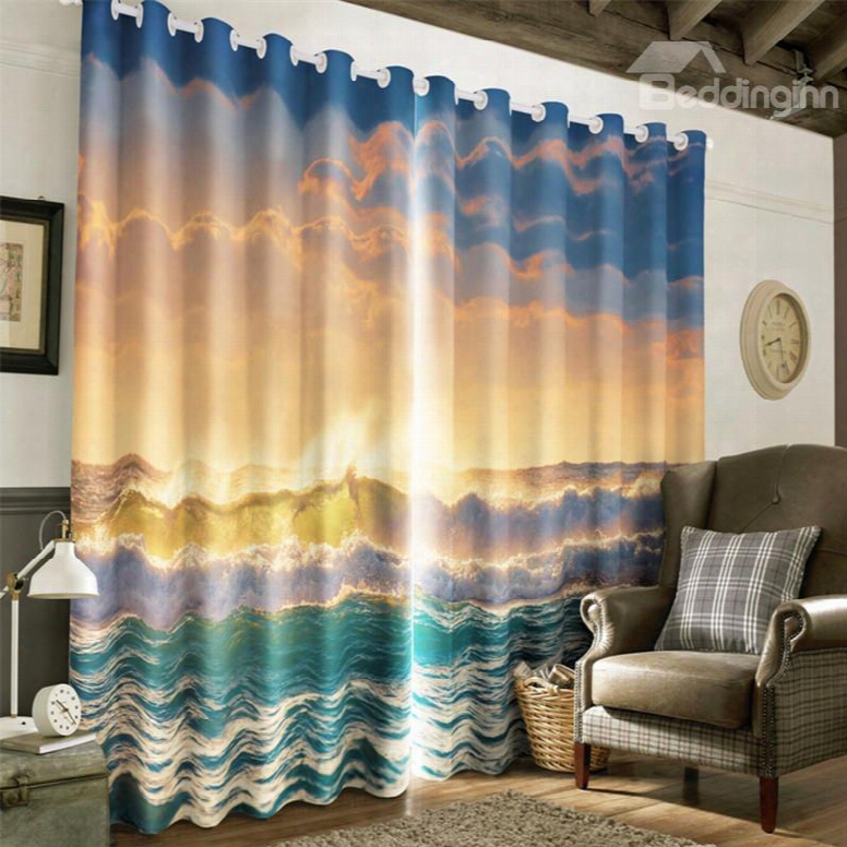 3d Sea Waves And Sunset Glow Printed 2 Panels Bedroom Decorative Curtain