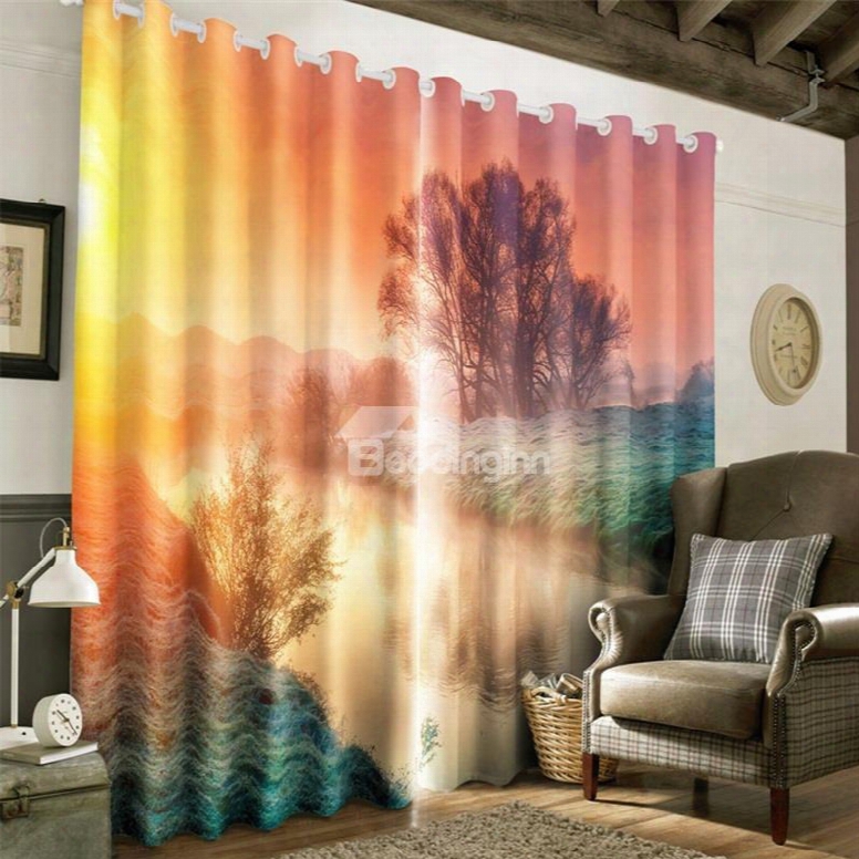 3d Small River And Wooden House Printed Autumn Scenery Decorative And Blackout Curtain