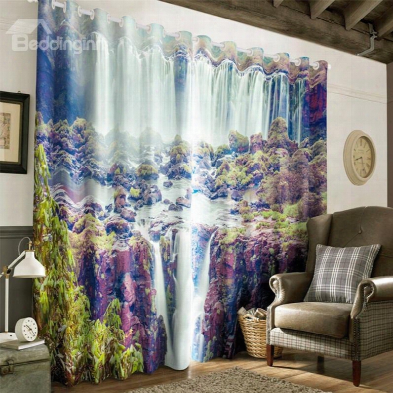 3d S Wift Waterfalls And Weathered Rocks Printed 2 Panels Decorative And Blacckout Curtain