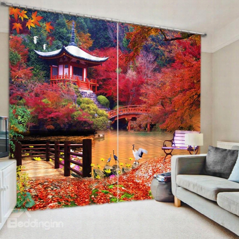 3d Temple And Red Maple Tree Printed Natural Scenery Custom Living Room Curtain