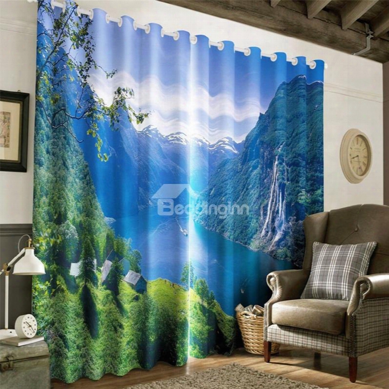 3d Thick Green Mountains And Flowing River Printed 2 Paanels Living Room Window Curtain