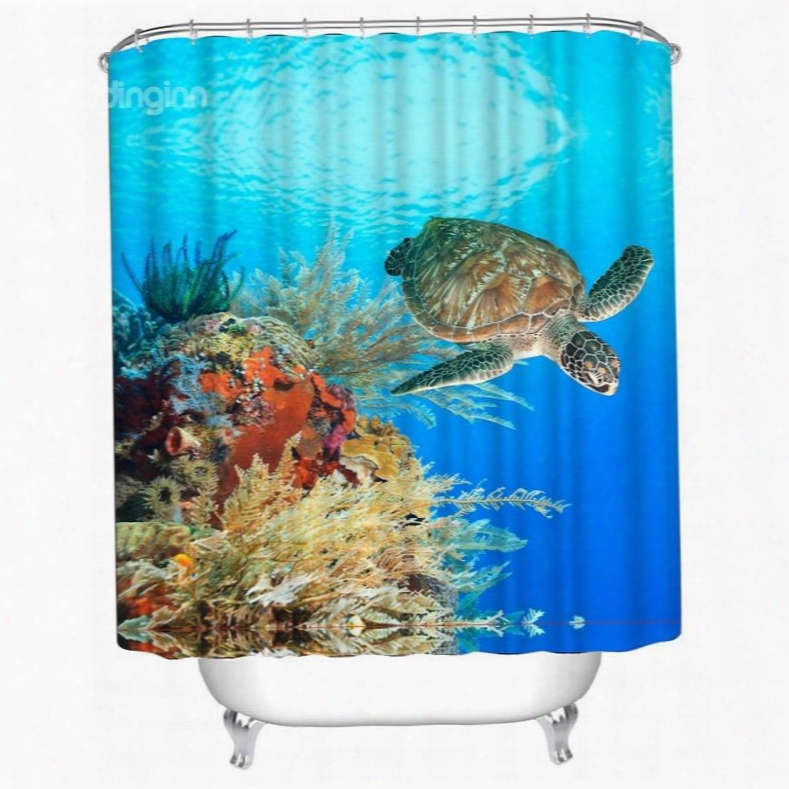 3d Turtle And Plants In Sea Polyester Waterproof Antibacterial And Eco-friendly Shower Curtain