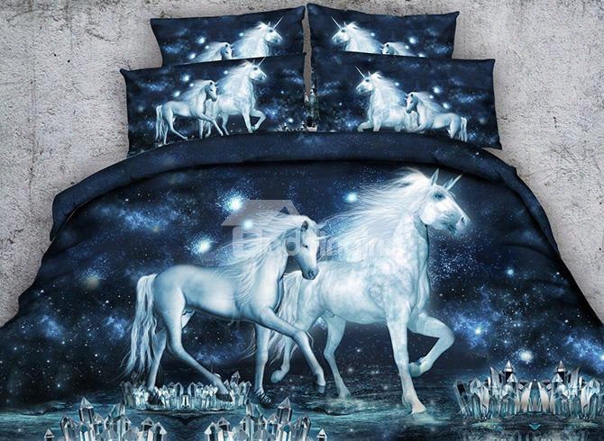 3d Unicorn And Crystal Printed Cotton 4-piece Galaxy Bedding Sets/duvet Covers