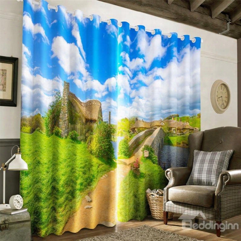 3d Verdant Grassland And Stone Bridge With Blue Sky Printed Living Room Window Curtain