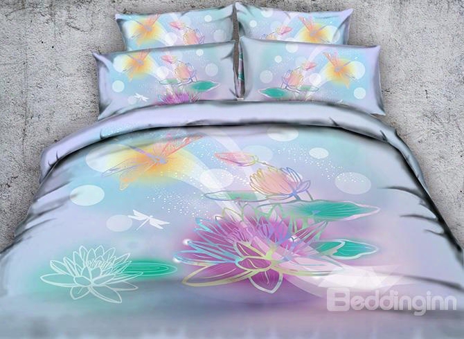 3d Watercolor Lotus And Dragonfpy Printed Cotton 4-piece Bedding Sets/duvet Covers
