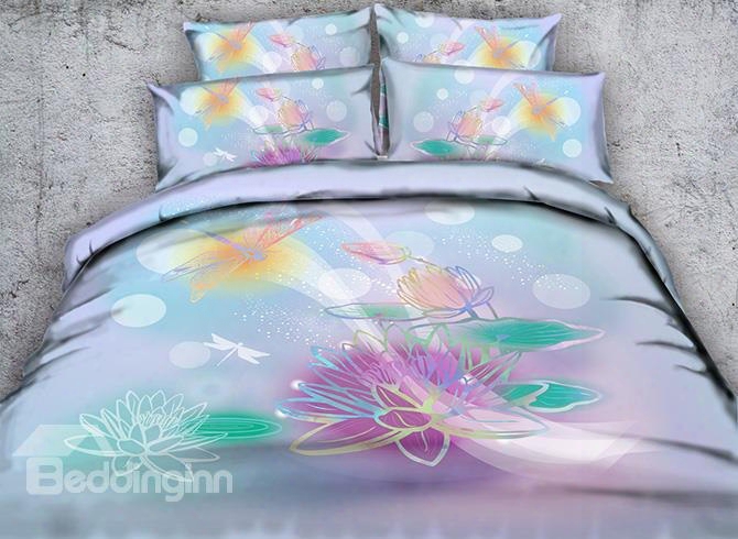 3d Watercolor Lotus And Dragonfly Printed Cotton 5-piece Comforter Sets