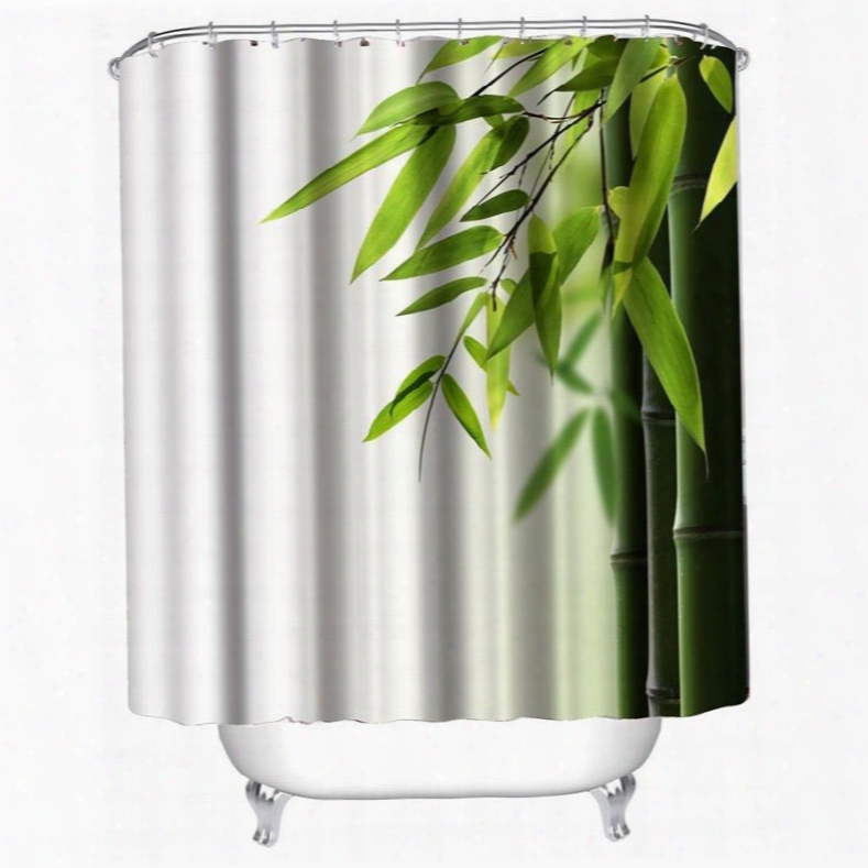 3d White Background With Green Bamboos Printed Polyester Waterproof Antibacterial Eco-friendly Shower Curtain
