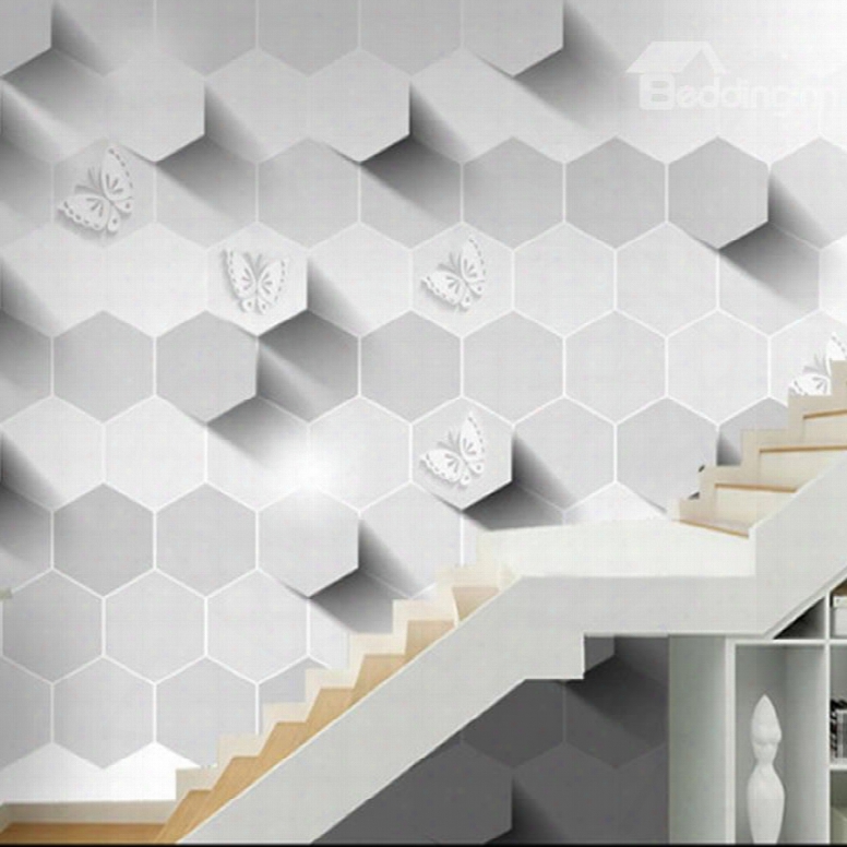 3d White Hxeagons Printed Pvc Sturdy Waterproof Eco-friendly Self-adhesive Wall Mural