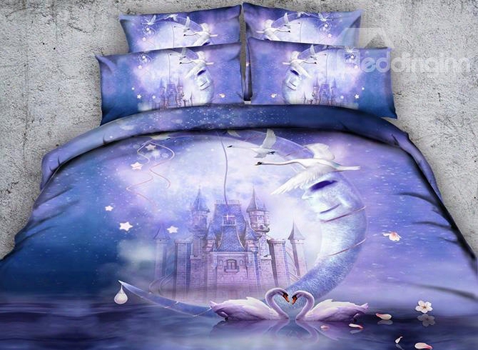 3d White Swans And Castle Printed Cotton 5-piece Purple Comforter Sets