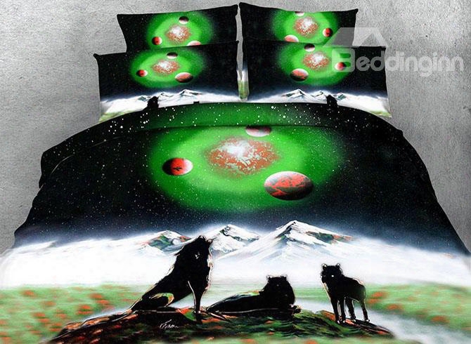 3d Wolf And Galaxy Printed 4-piece Green Bedding Sets/duvet Covers