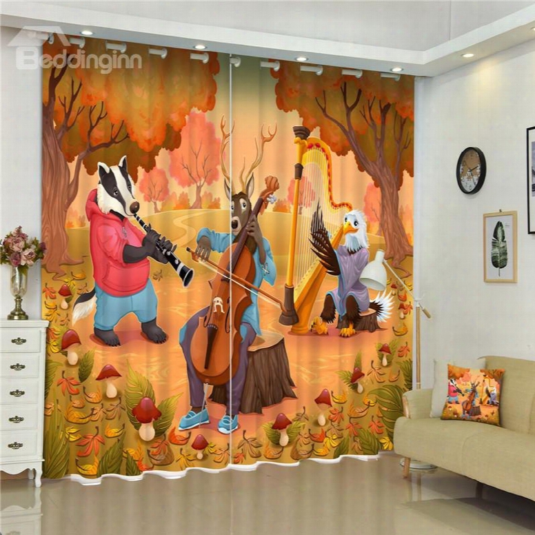 3d Wolf Elk And Chicken Dancing With Music Printed Animal Paradise 2 Panels Custom Curtain